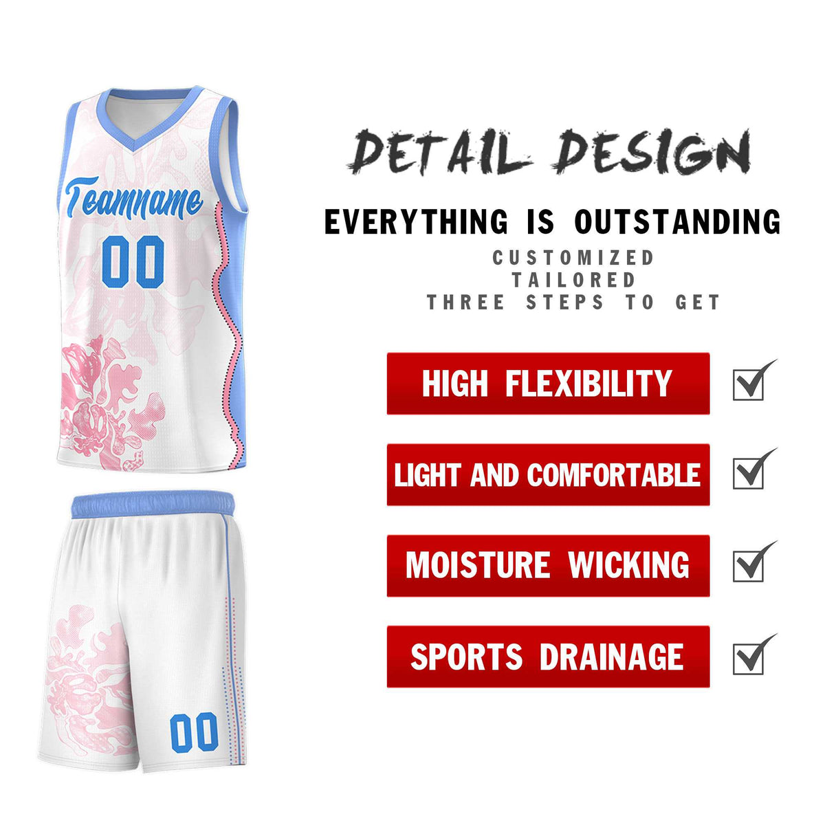 Custom White Light Blue Basketball Jersey - Illusion Flower Graffiti Durable Fabric