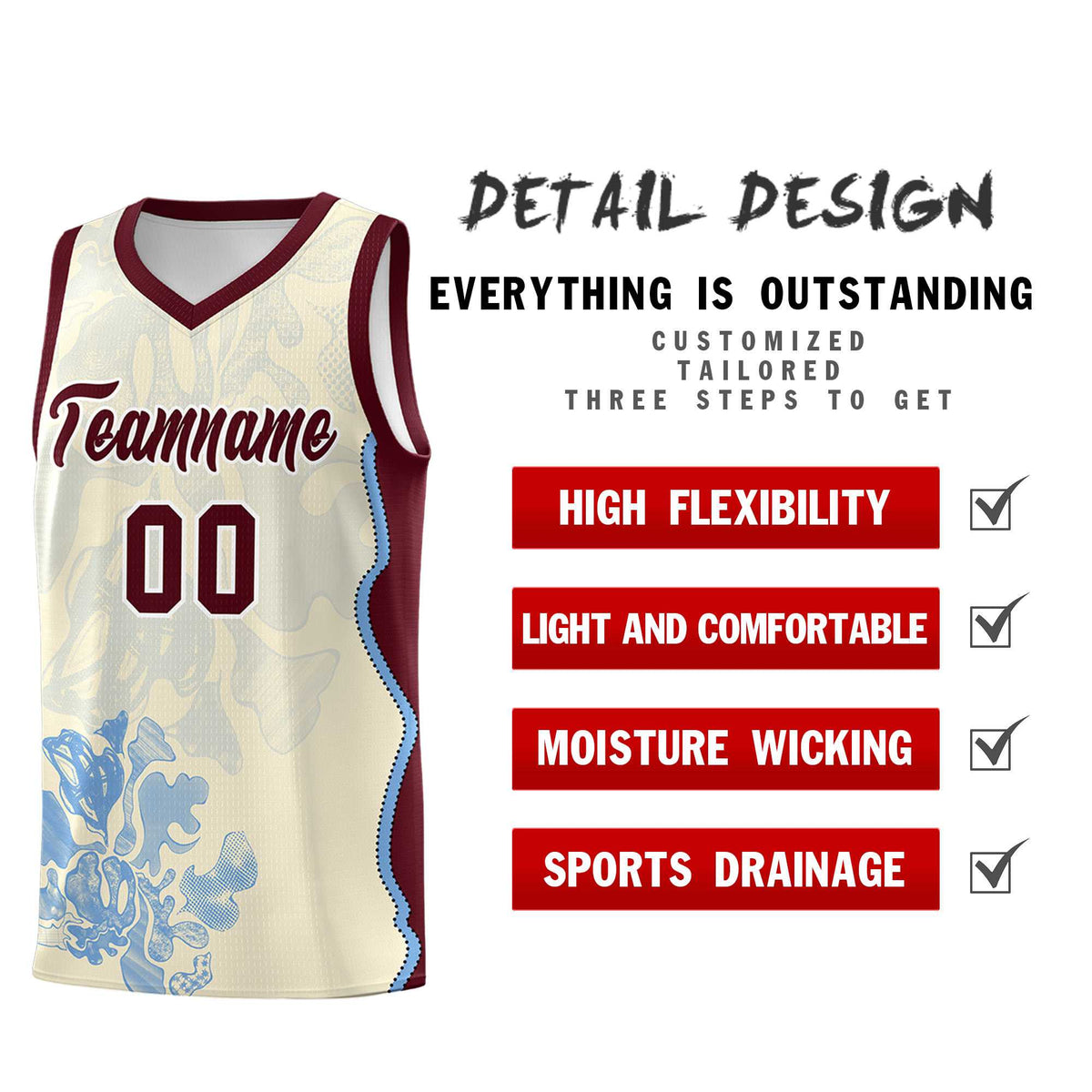 Custom Cream Burgundy Basketball Jersey - Illusion Flower Graffiti Lightweight Fabric