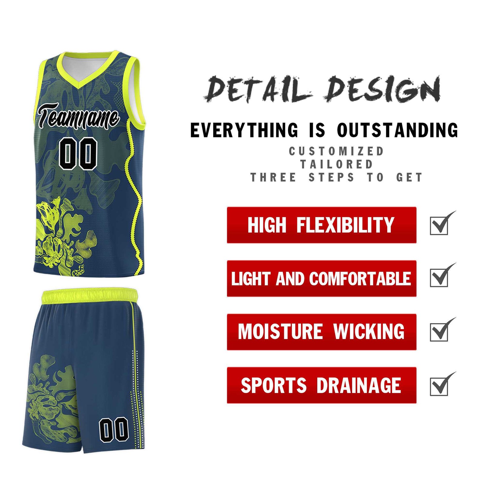 Custom Midnight Blue Fluorescent Green Basketball Jersey - Illusion Flower Graffiti Stylish Fabric