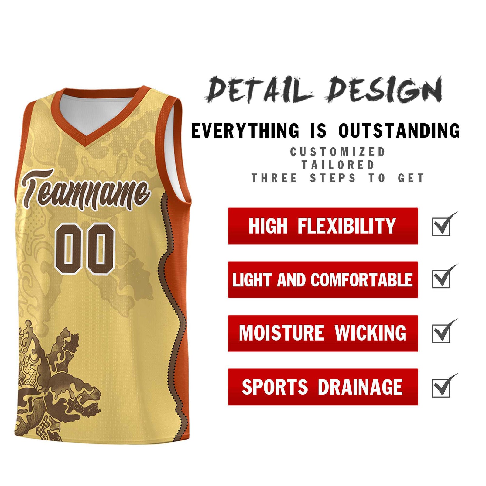 Custom Khaki Dark Orange Basketball Jersey - Illusion Flower Graffiti Unique Fabric