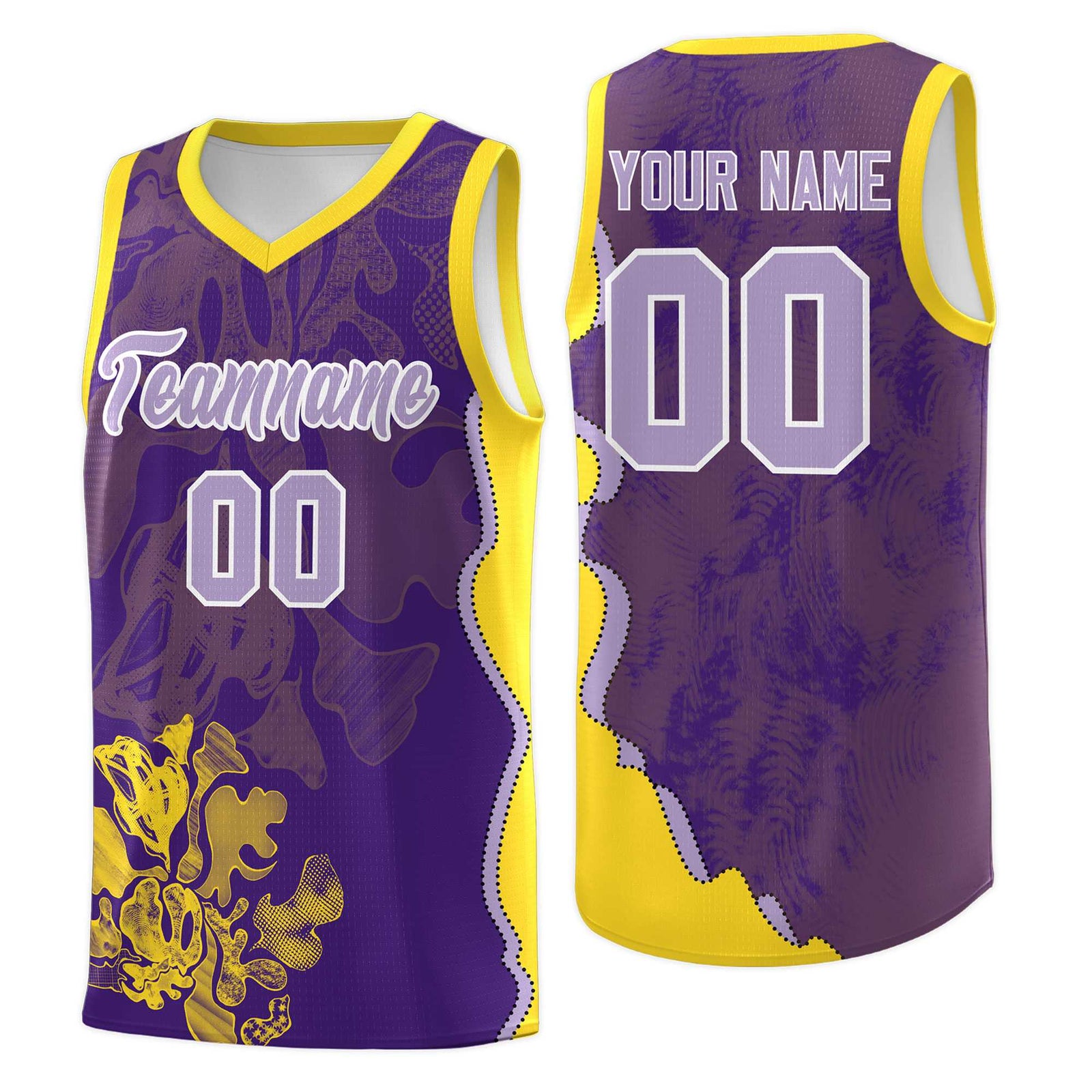 Custom Purple Gold Basketball Jersey - Illusion Flower Graffiti Breathable mesh Fabric