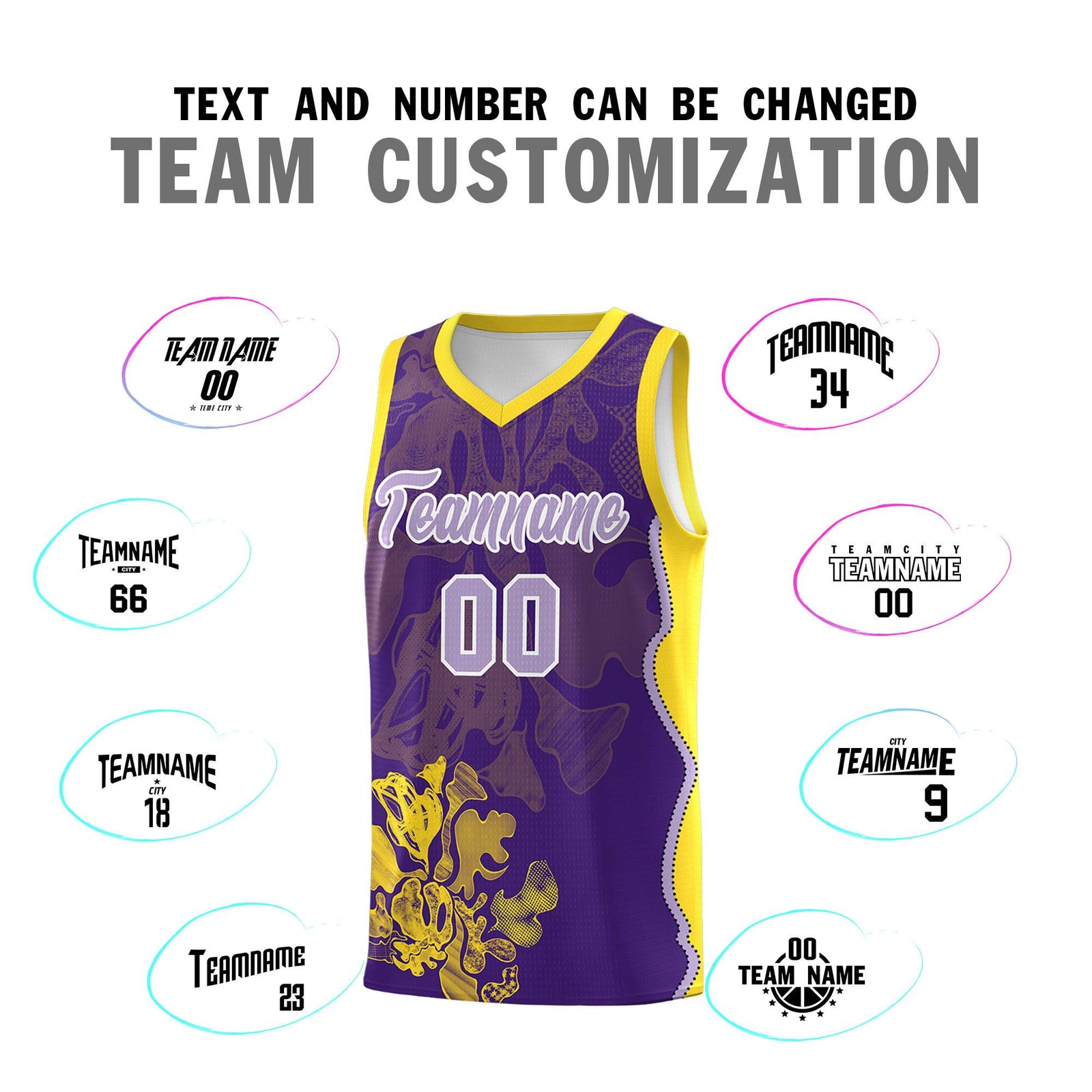 Custom Purple Gold Basketball Jersey - Illusion Flower Graffiti Breathable mesh Fabric