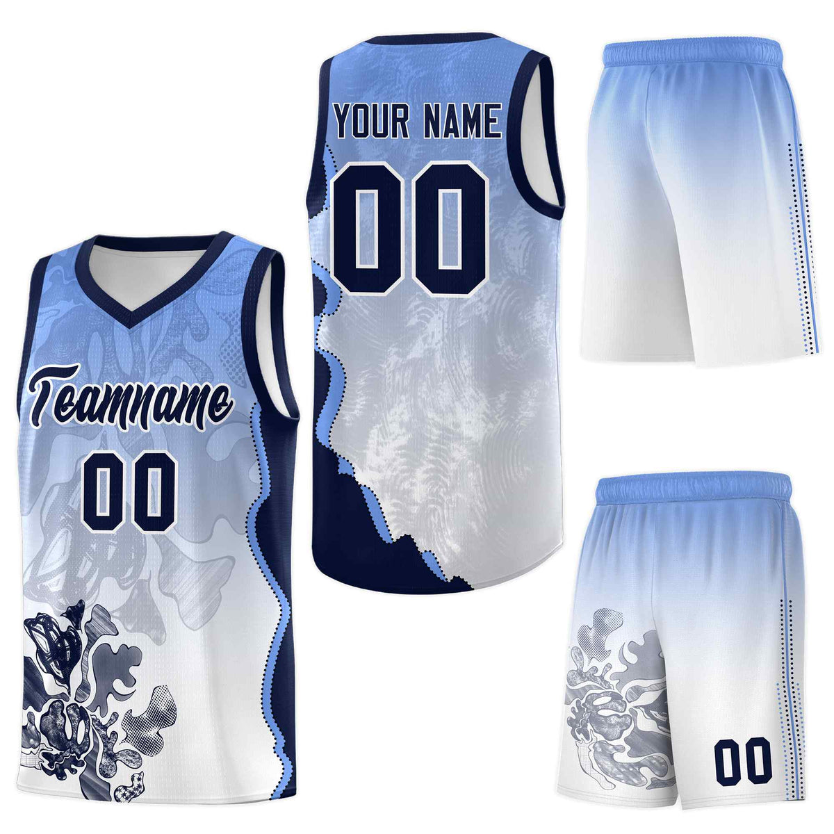 Custom White Navy Basketball Jersey - Illusion Flower Gradient Stretch Fabric