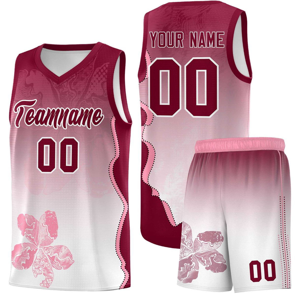 Custom White Crimson Basketball Jersey - Illusion Flower Gradient Stretchy Fabric