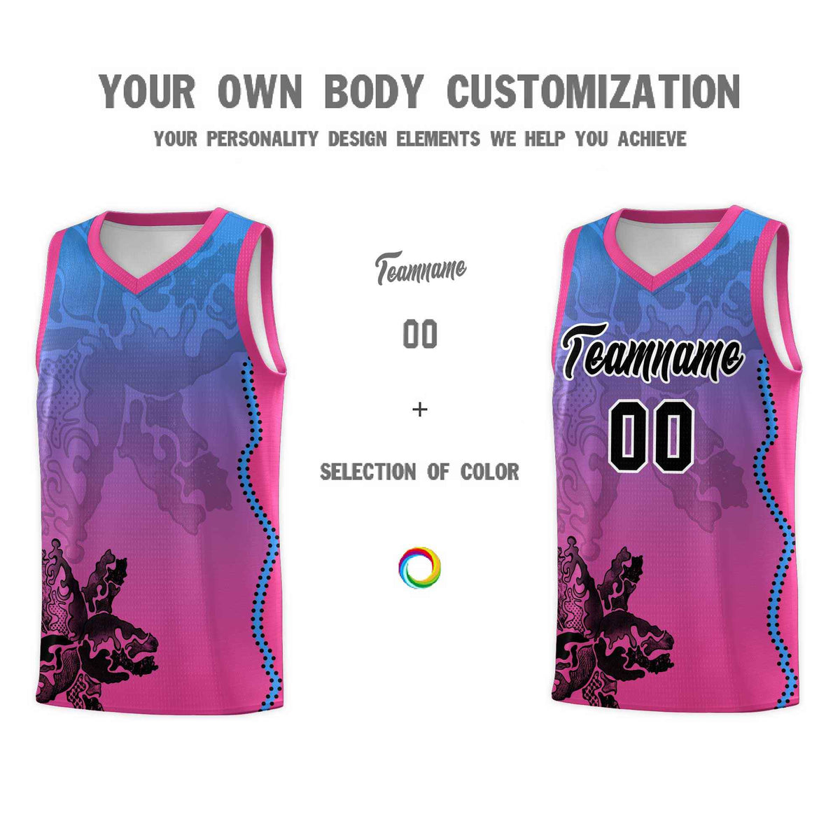 Custom Pink Light Blue Basketball Jersey - Illusion Flower Gradient Breathable mesh Fabric