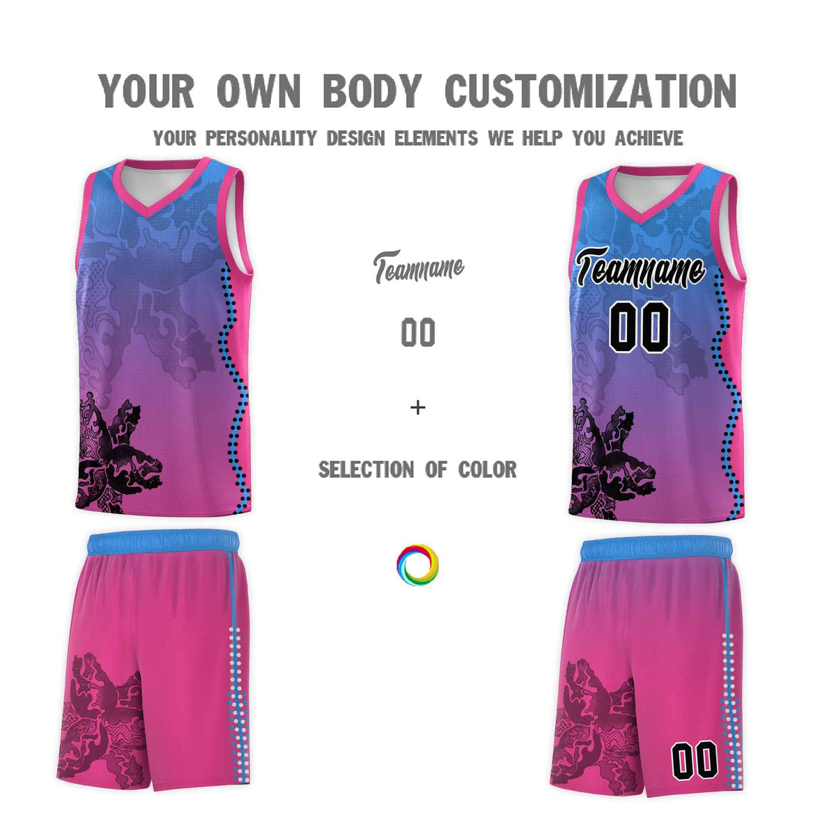 Custom Pink Light Blue Basketball Jersey - Illusion Flower Gradient Breathable mesh Fabric