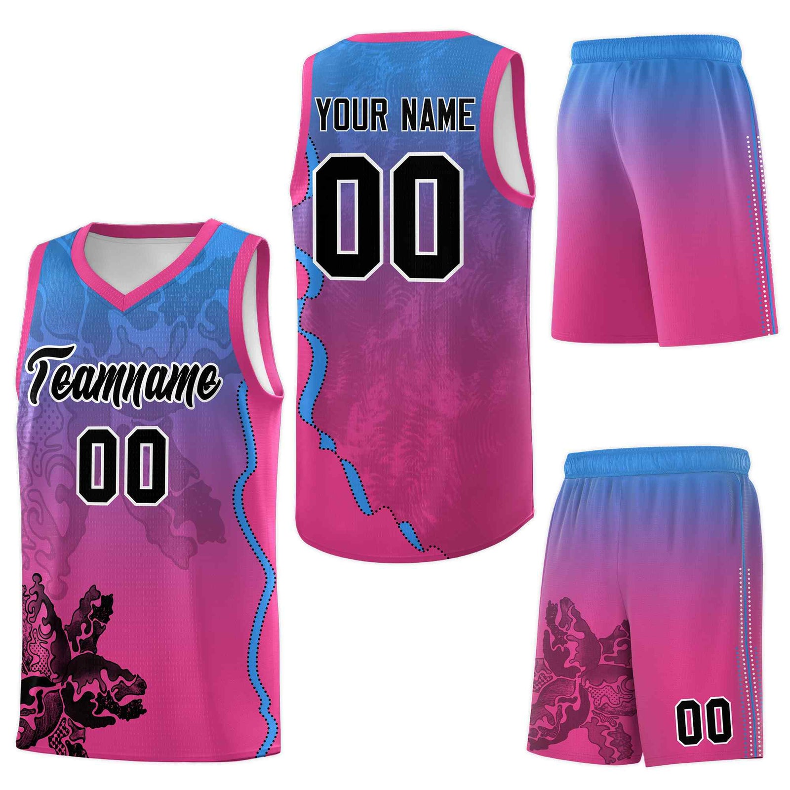 Custom Pink Light Blue Basketball Jersey - Illusion Flower Gradient Sublimation Printing