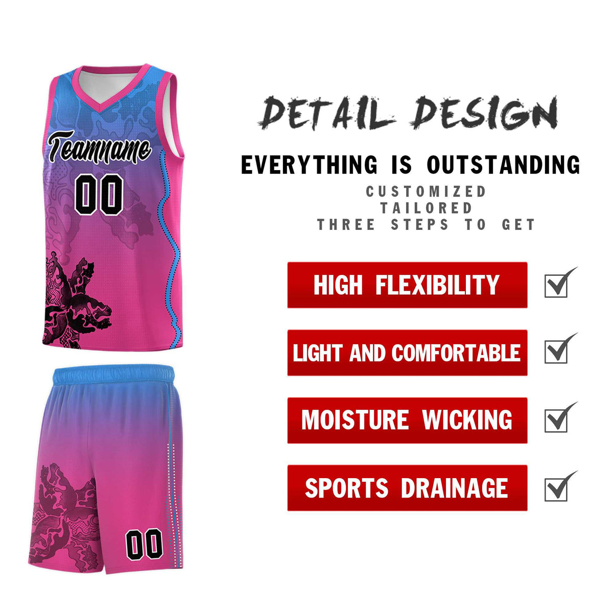 Custom Pink Light Blue Basketball Jersey - Illusion Flower Gradient Breathable mesh Fabric