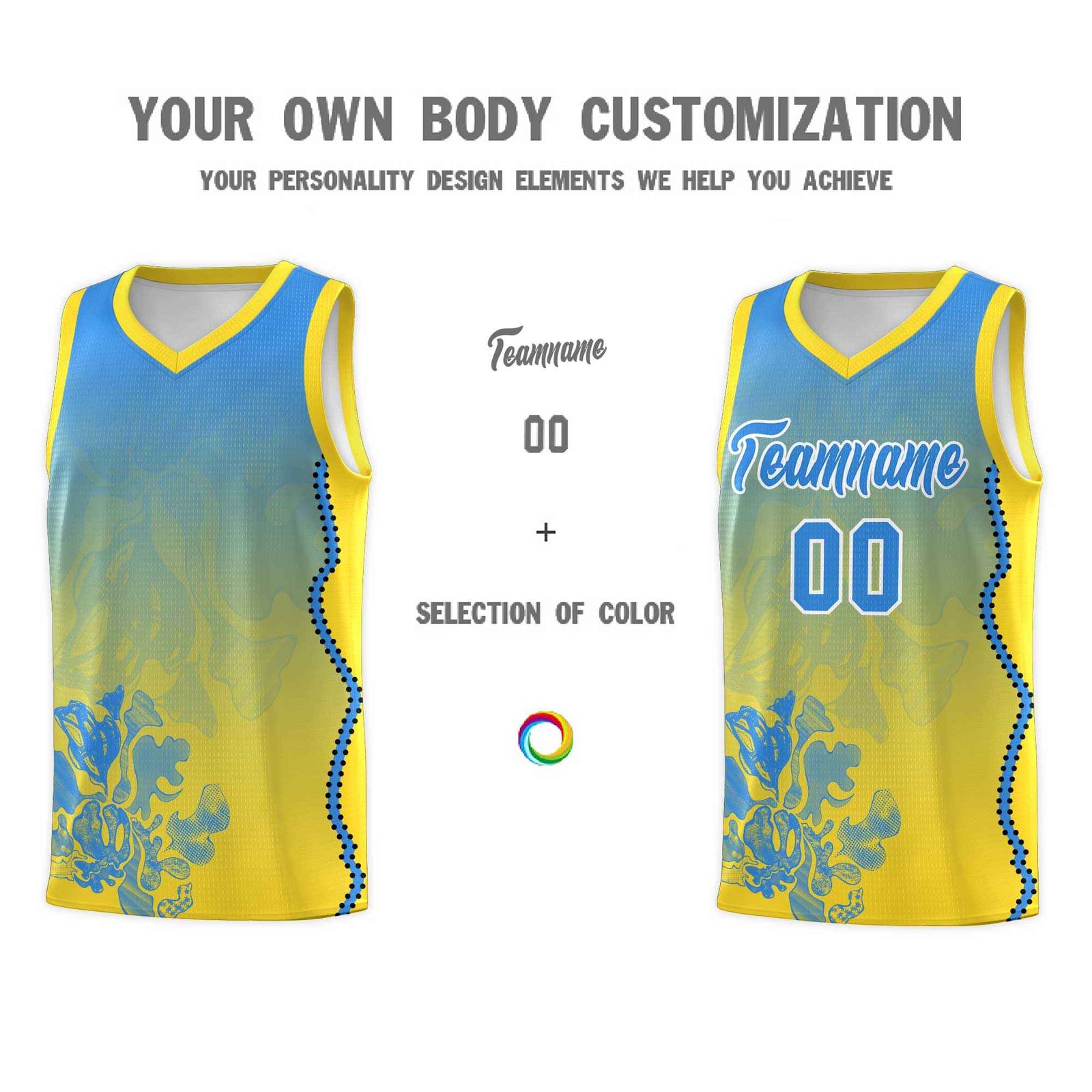 Custom Gold Light Blue Basketball Jersey - Illusion Flower Gradient Breathable Fabric