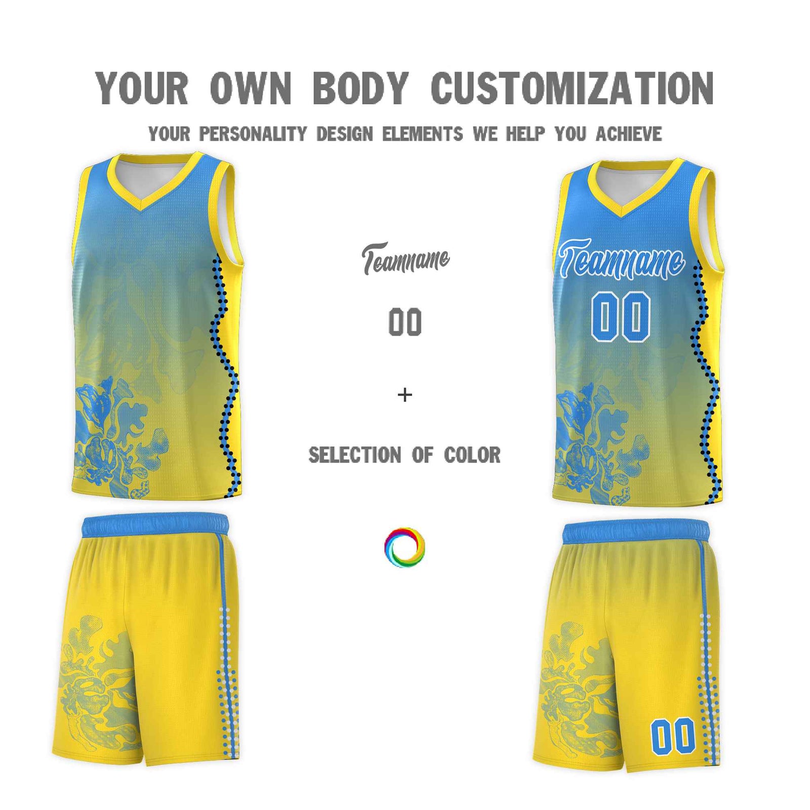 Custom Gold Light Blue Basketball Jersey - Illusion Flower Gradient Breathable Fabric