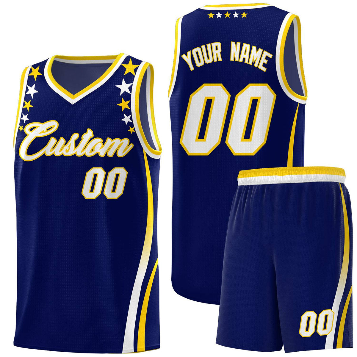 Custom Navy Shoulders Star Pattern Side Color Block Sports Uniform Basketball Jersey