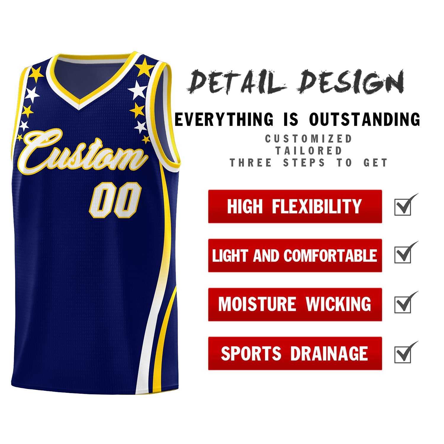 Custom Navy Shoulders Star Pattern Side Color Block Sports Uniform Basketball Jersey
