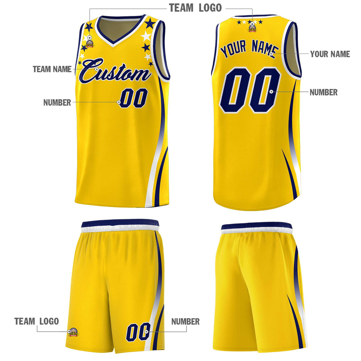 Custom Gold Shoulders Star Pattern Side Color Block Sports Uniform Basketball Jersey