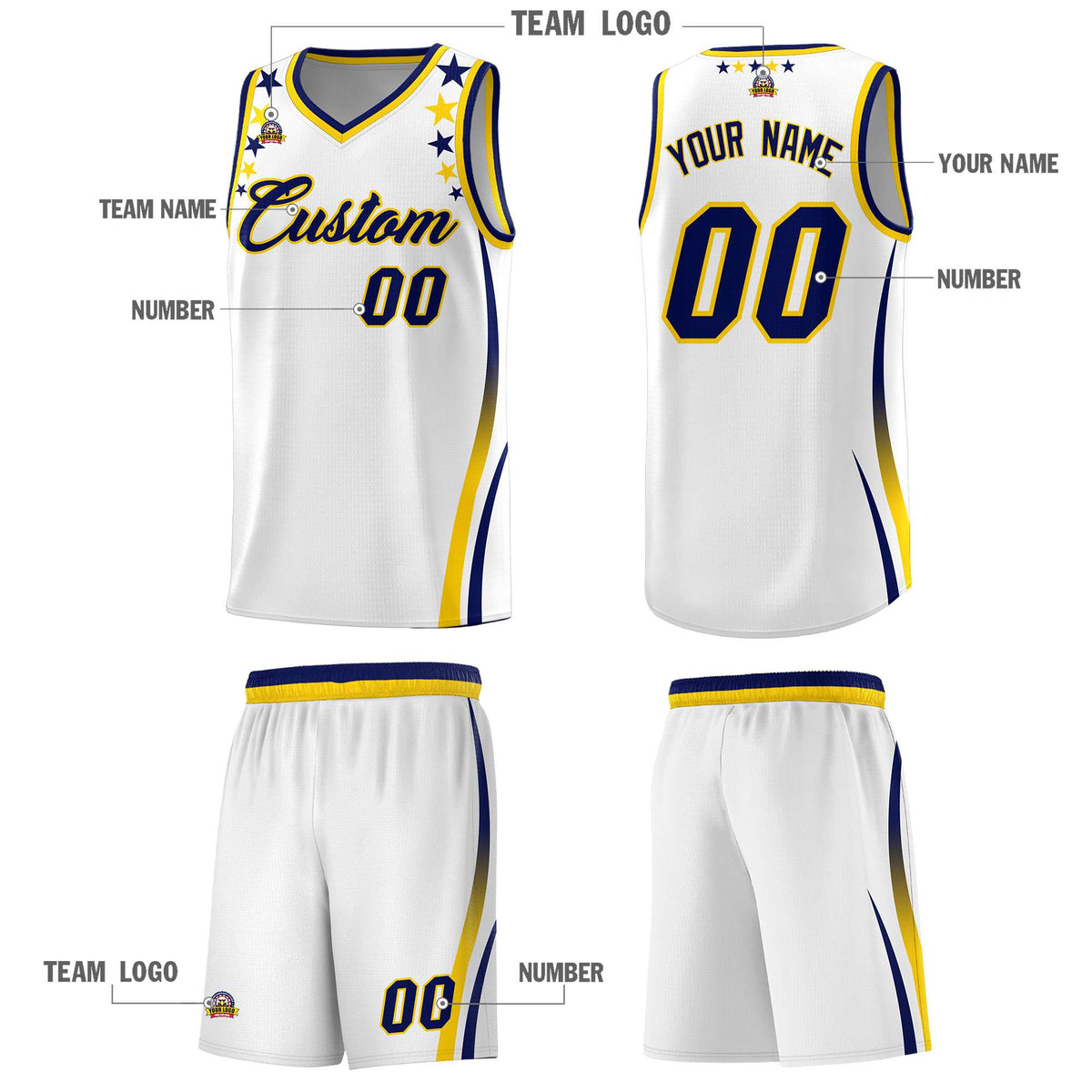 Custom White Shoulders Star Pattern Side Color Block Sports Uniform Basketball Jersey