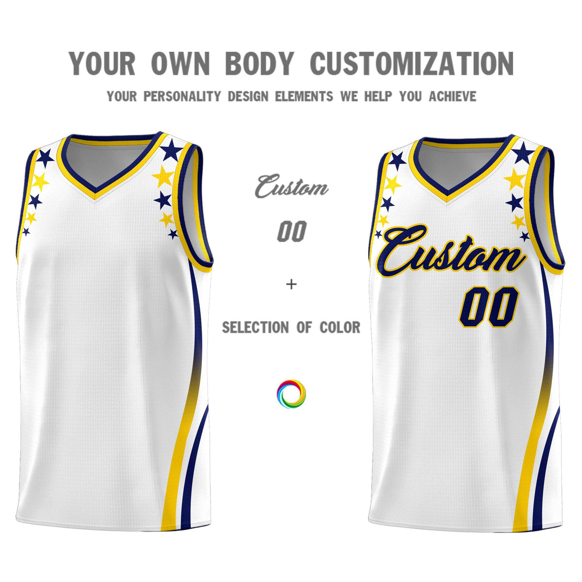 Custom White Shoulders Star Pattern Side Color Block Sports Uniform Basketball Jersey