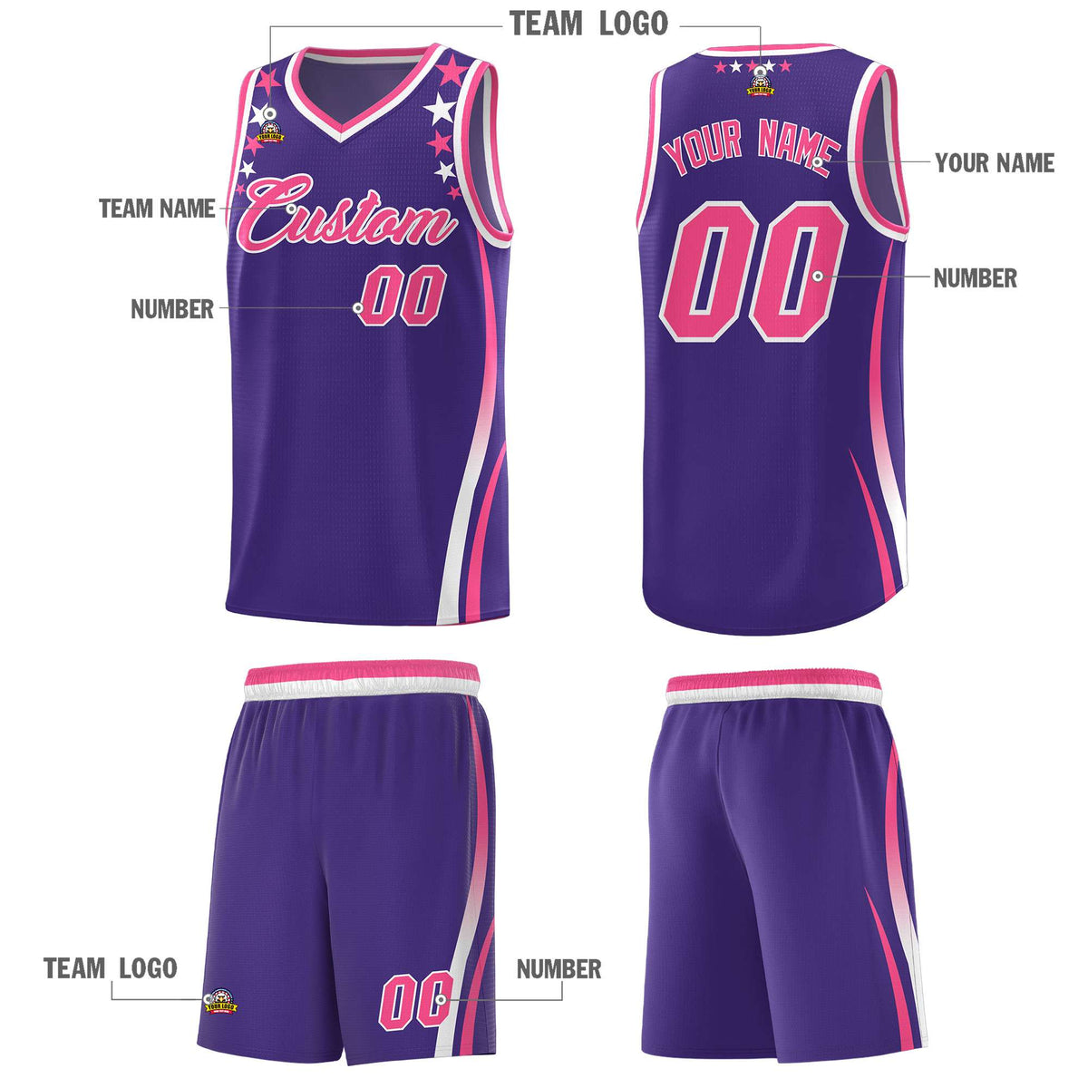 Custom Purple Shoulders Star Pattern Side Color Block Sports Uniform Basketball Jersey