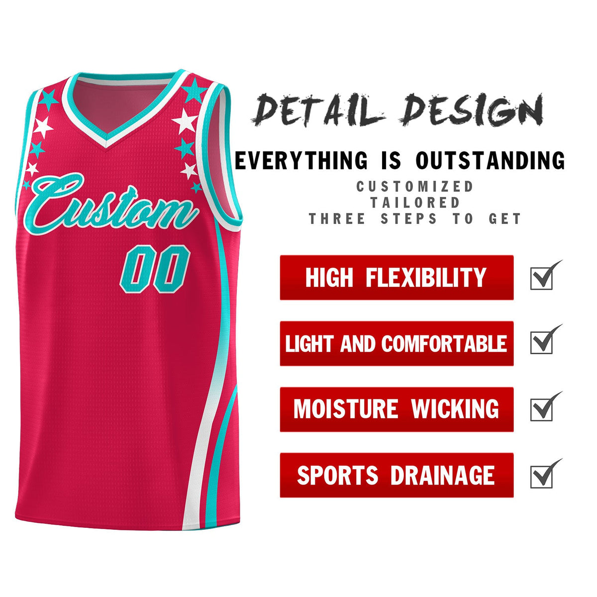 Custom Red Shoulders Star Pattern Side Color Block Sports Uniform Basketball Jersey