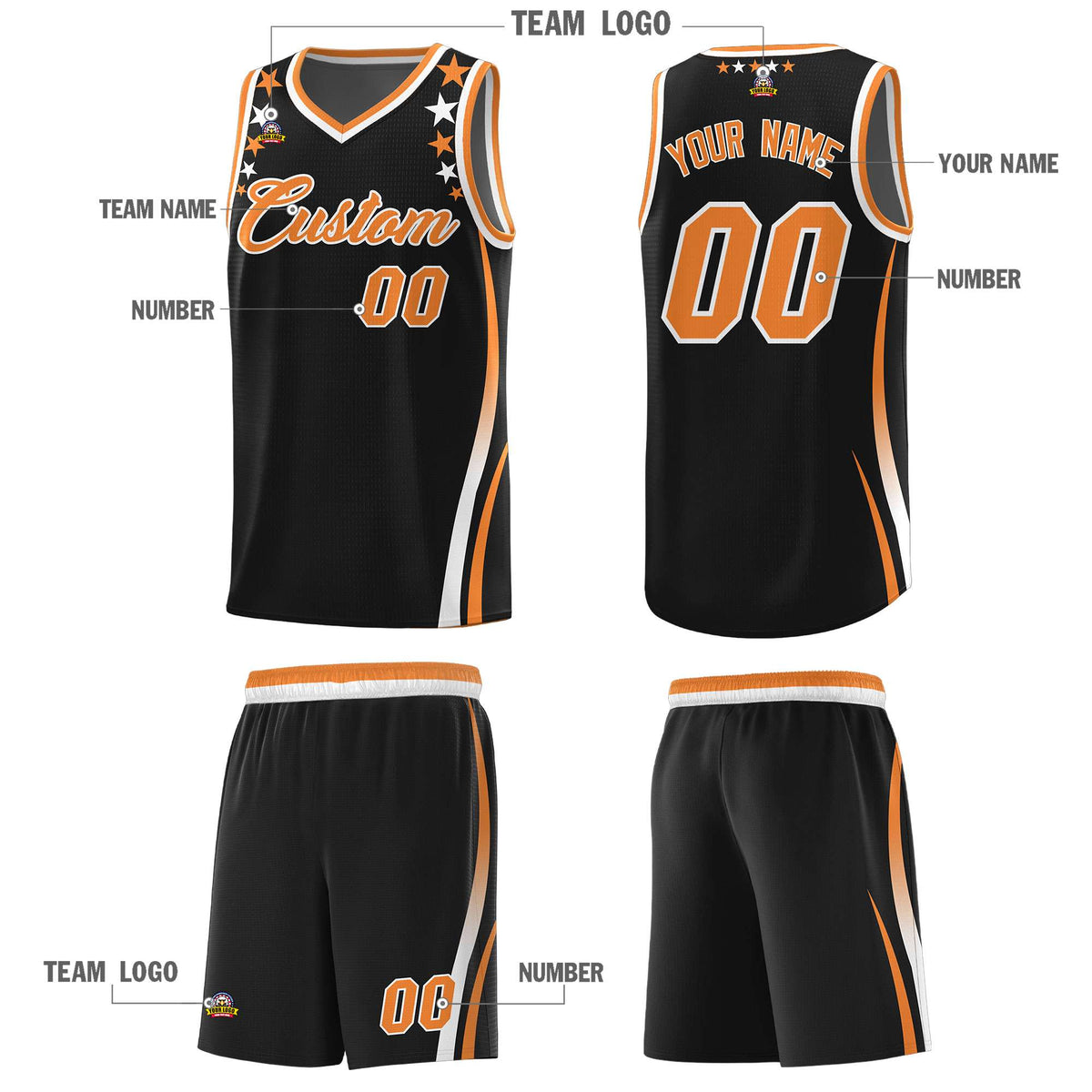 Custom Black Shoulders Star Pattern Side Color Block Sports Uniform Basketball Jersey