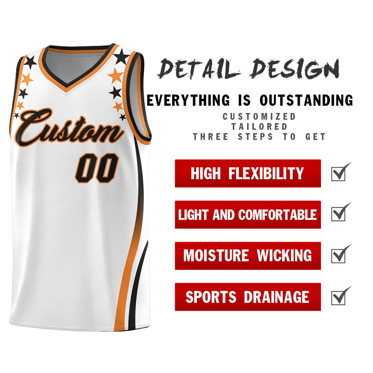 Custom White Shoulders Star Pattern Side Color Block Sports Uniform Basketball Jersey