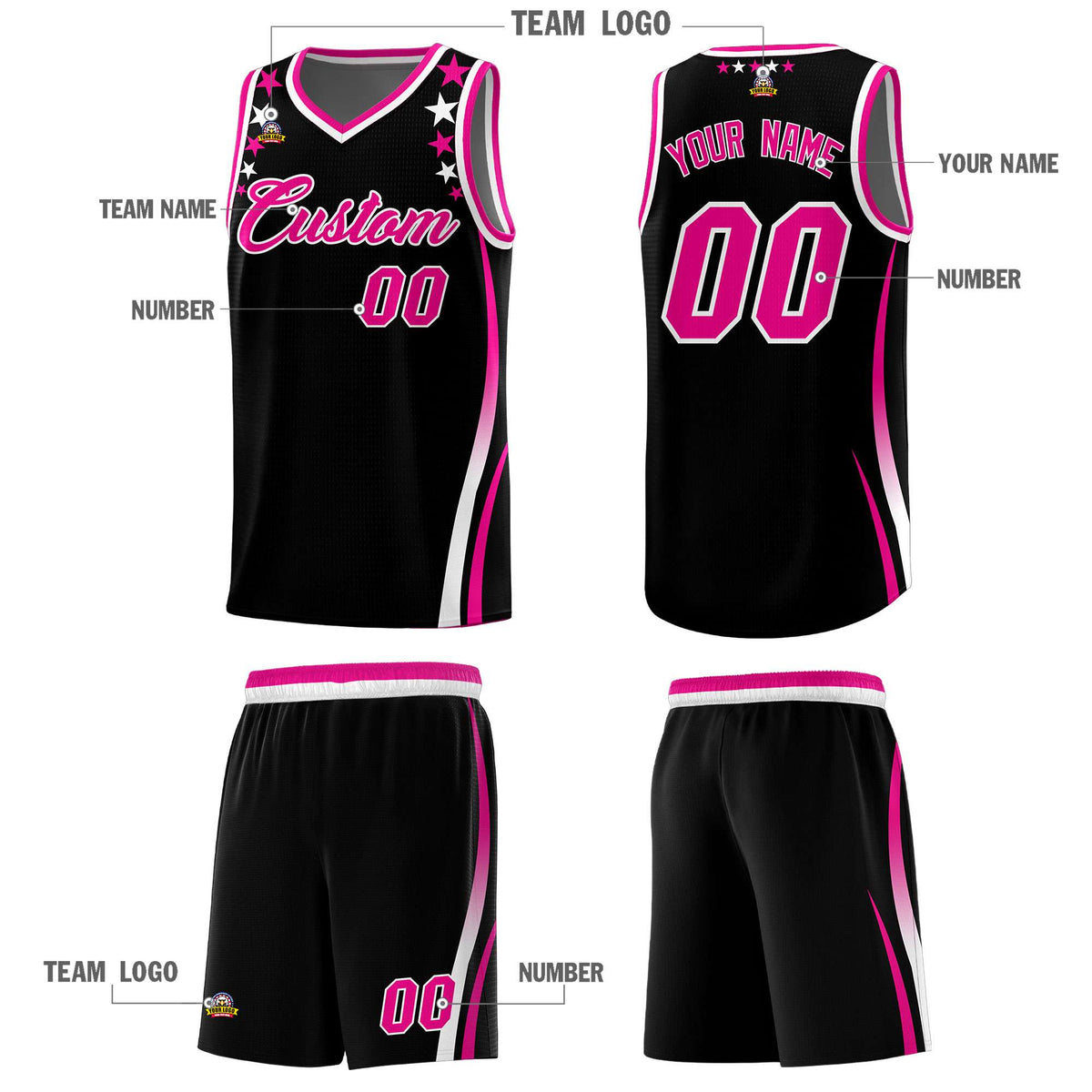 Custom Black Shoulders Star Pattern Side Color Block Sports Uniform Basketball Jersey