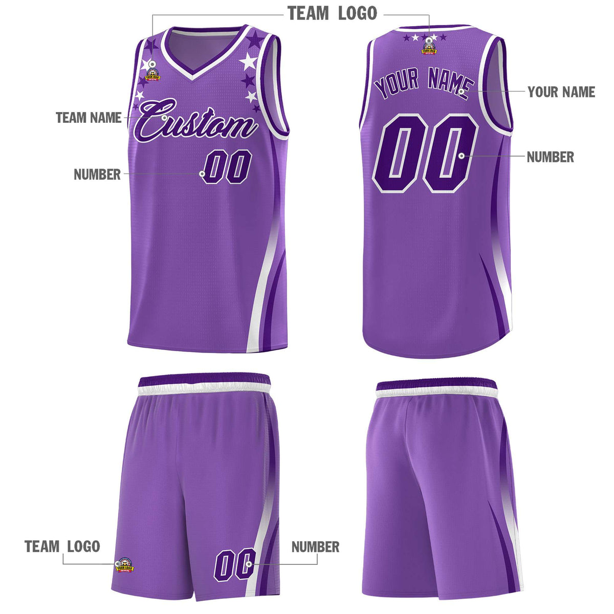 Custom Light Purple Shoulders Star Pattern Side Color Block Sports Uniform Basketball Jersey
