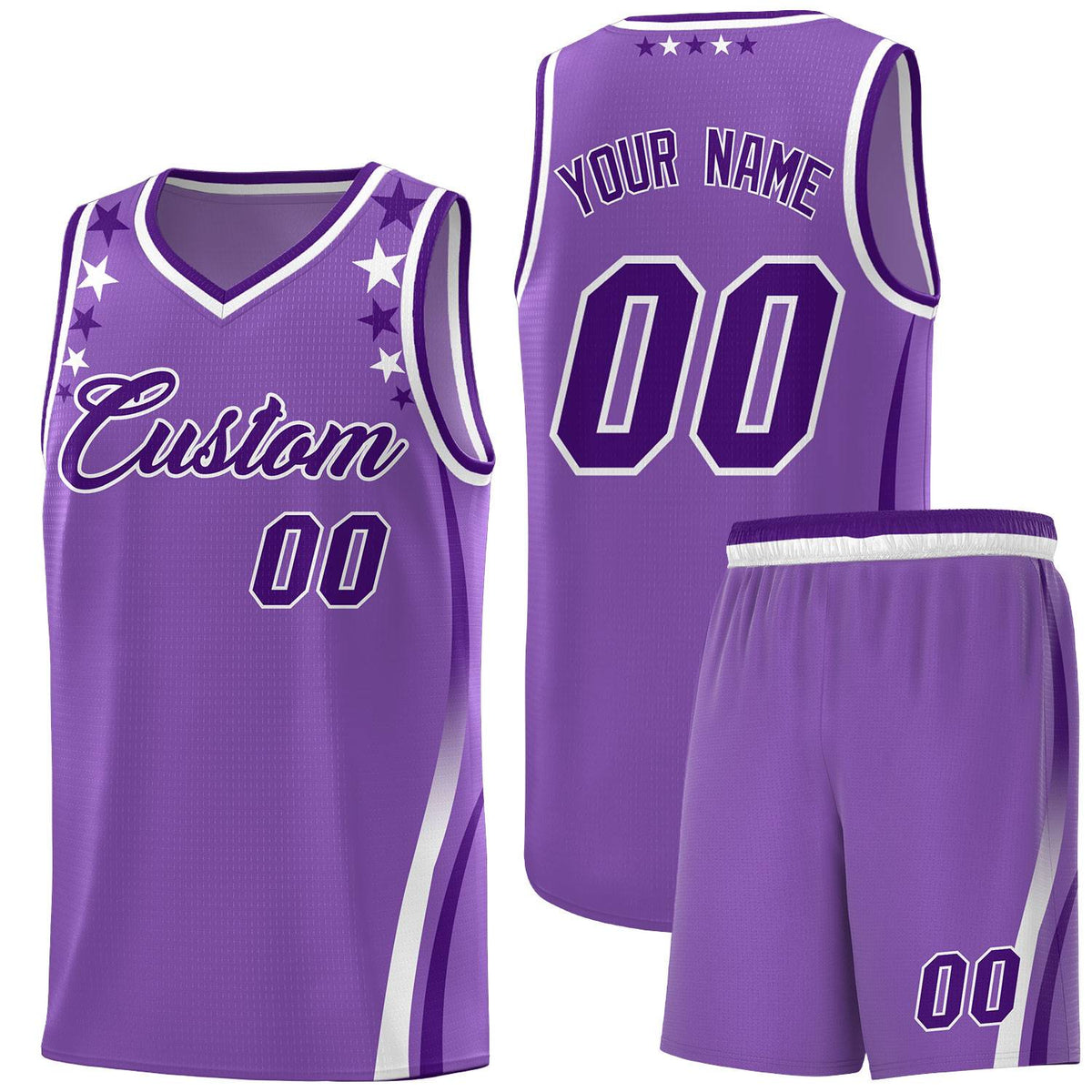 Custom Light Purple Shoulders Star Pattern Side Color Block Sports Uniform Basketball Jersey