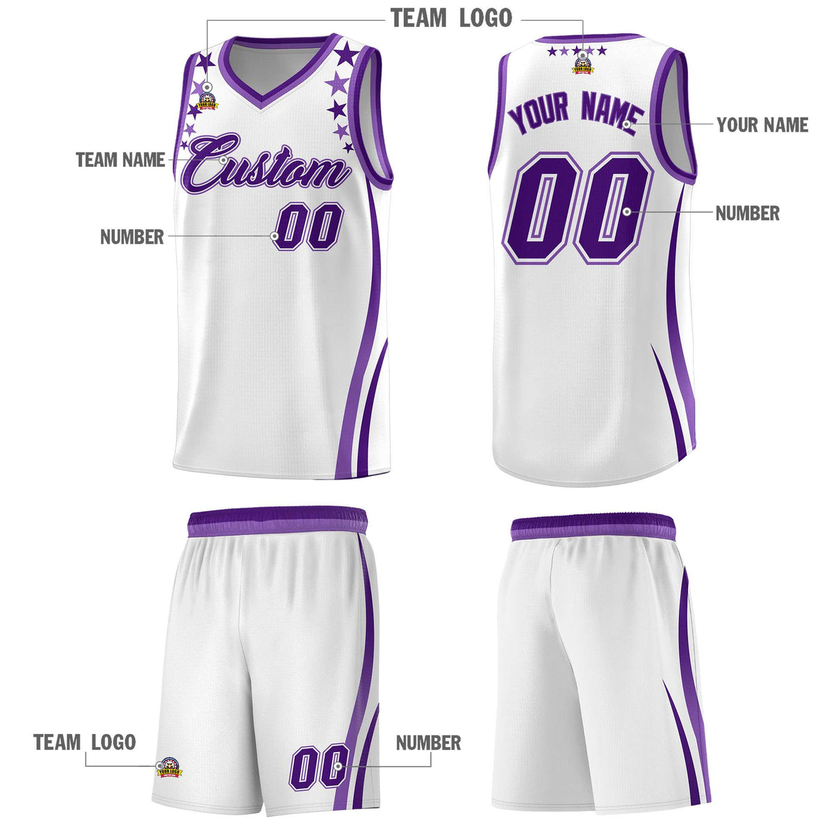 Custom White Shoulders Star Pattern Side Color Block Sports Uniform Basketball Jersey