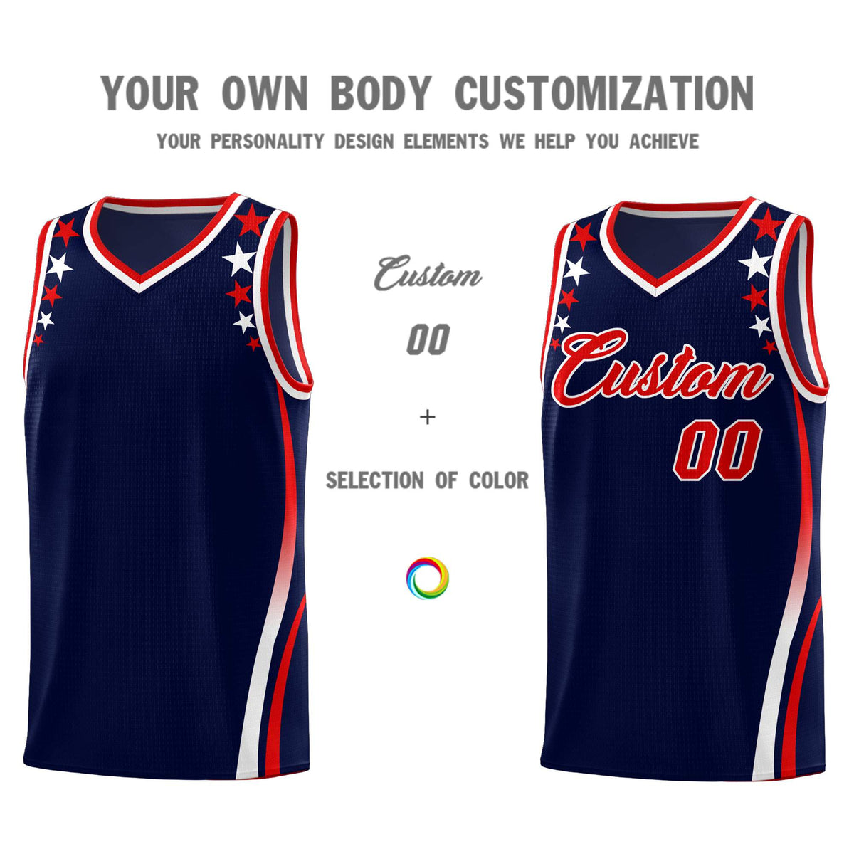 Custom Navy Shoulders Star Pattern Side Color Block Sports Uniform Basketball Jersey