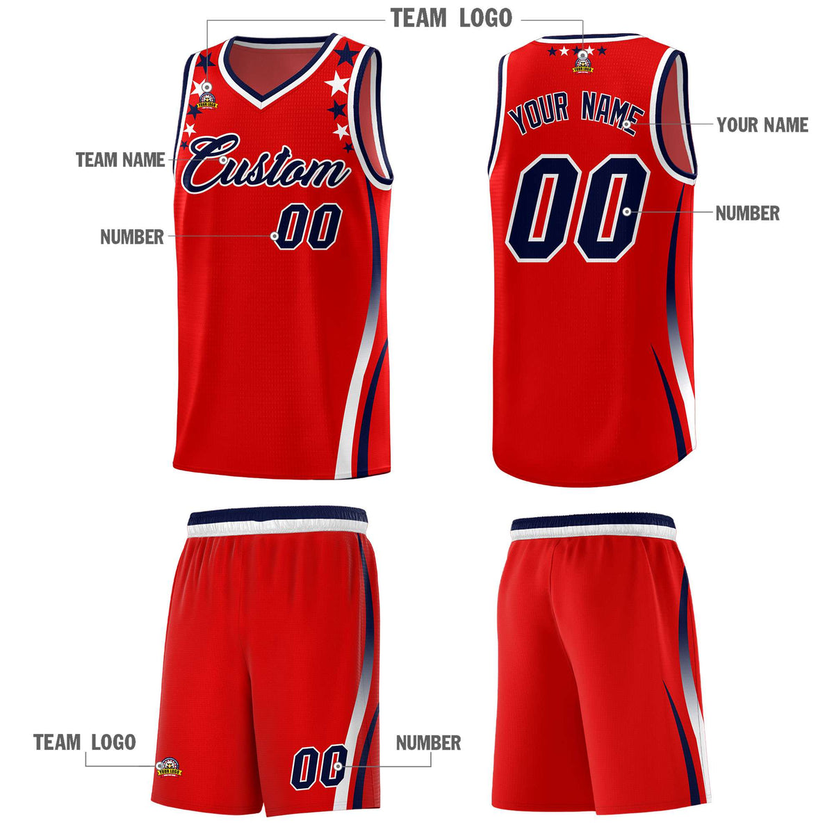 Custom Red Shoulders Star Pattern Side Color Block Sports Uniform Basketball Jersey