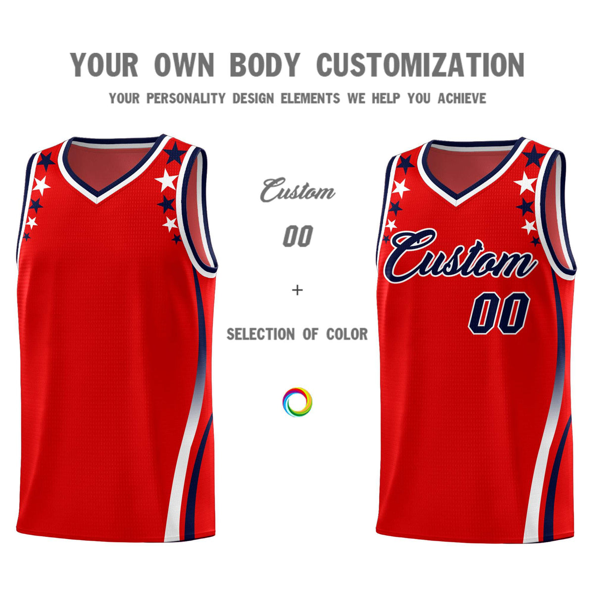 Custom Red Shoulders Star Pattern Side Color Block Sports Uniform Basketball Jersey