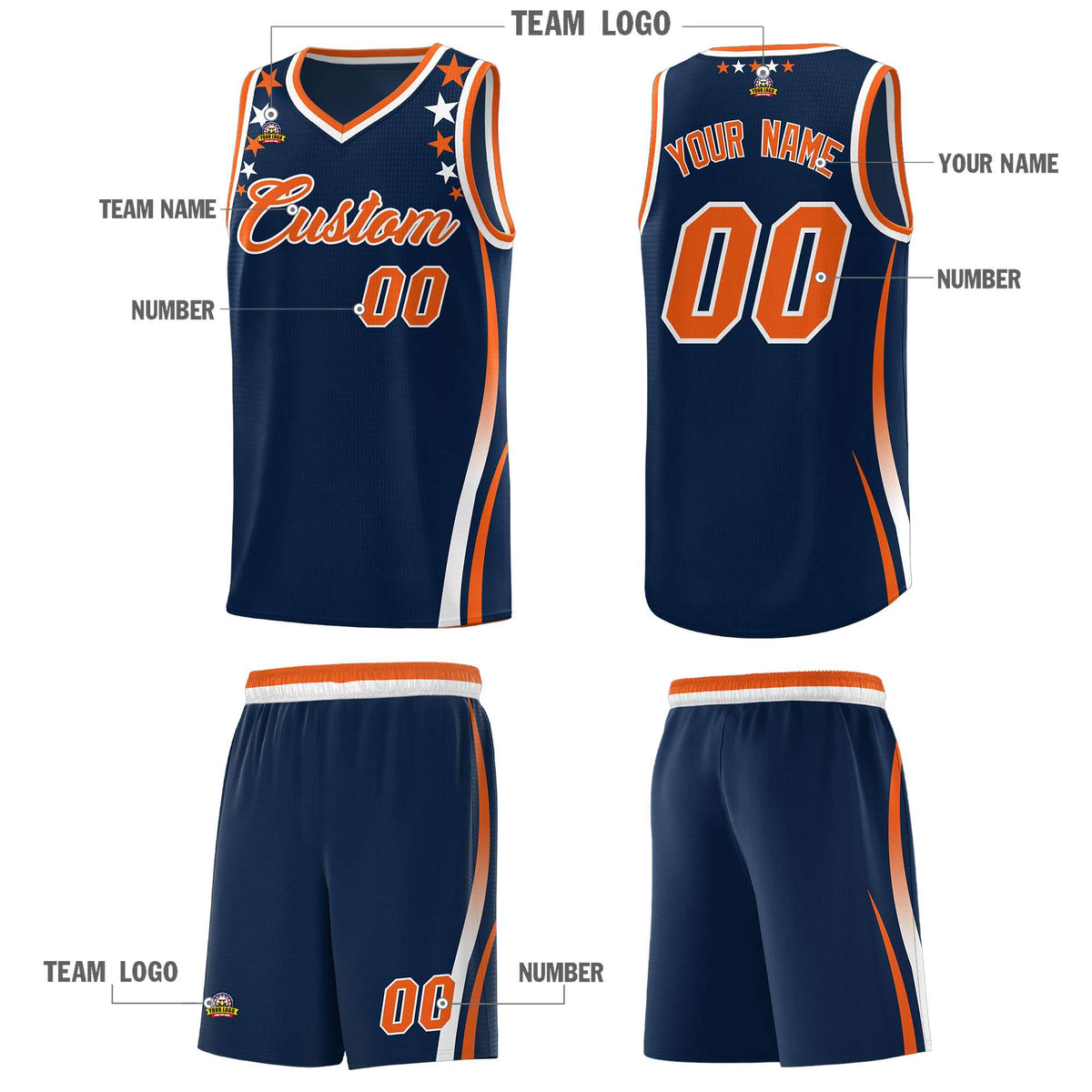 Custom Navy Shoulders Star Pattern Side Color Block Sports Uniform Basketball Jersey