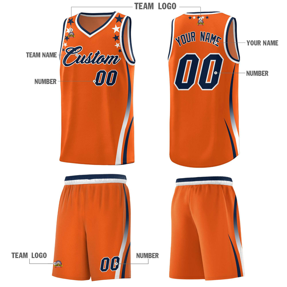 Custom Orange Shoulders Star Pattern Side Color Block Sports Uniform Basketball Jersey