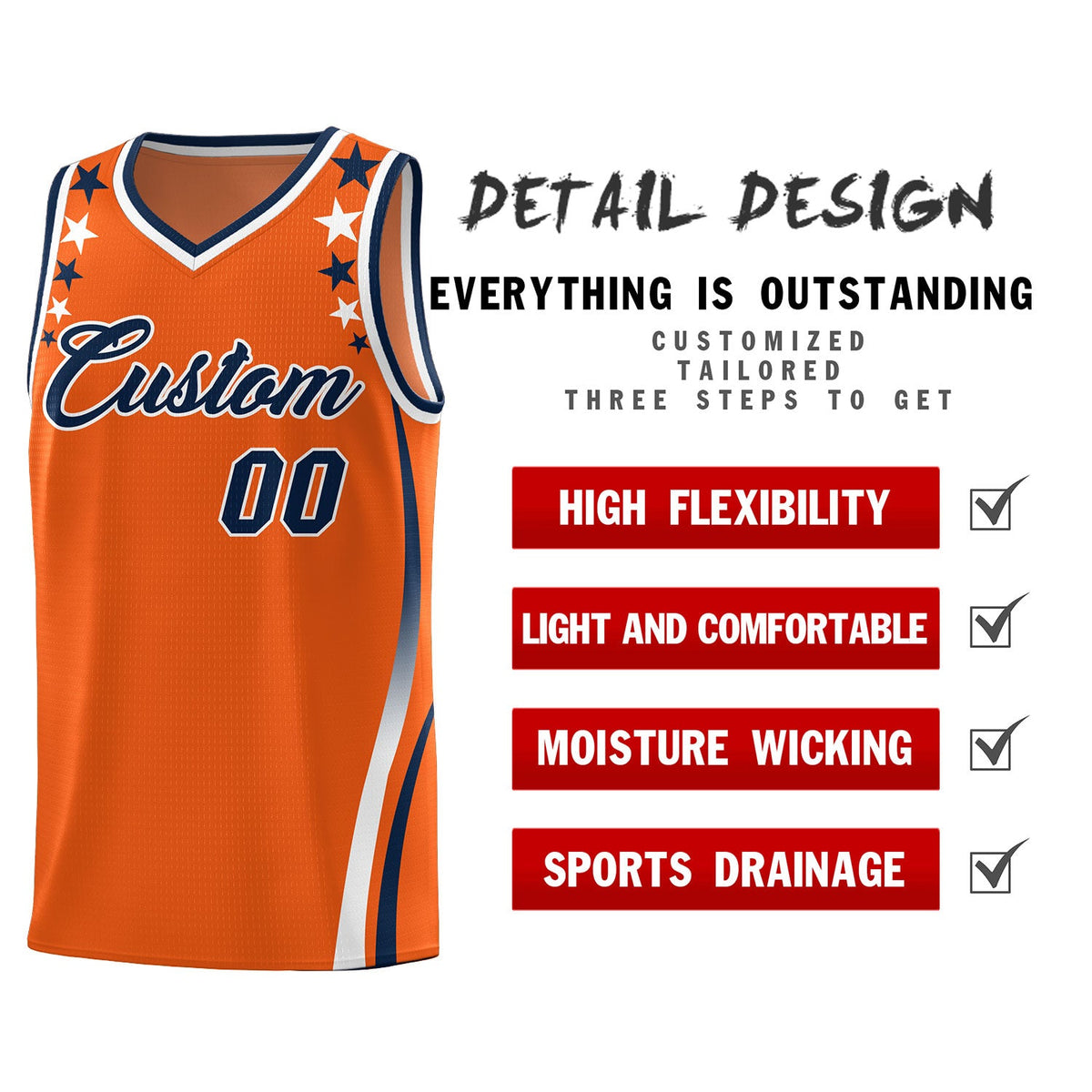 Custom Orange Shoulders Star Pattern Side Color Block Sports Uniform Basketball Jersey