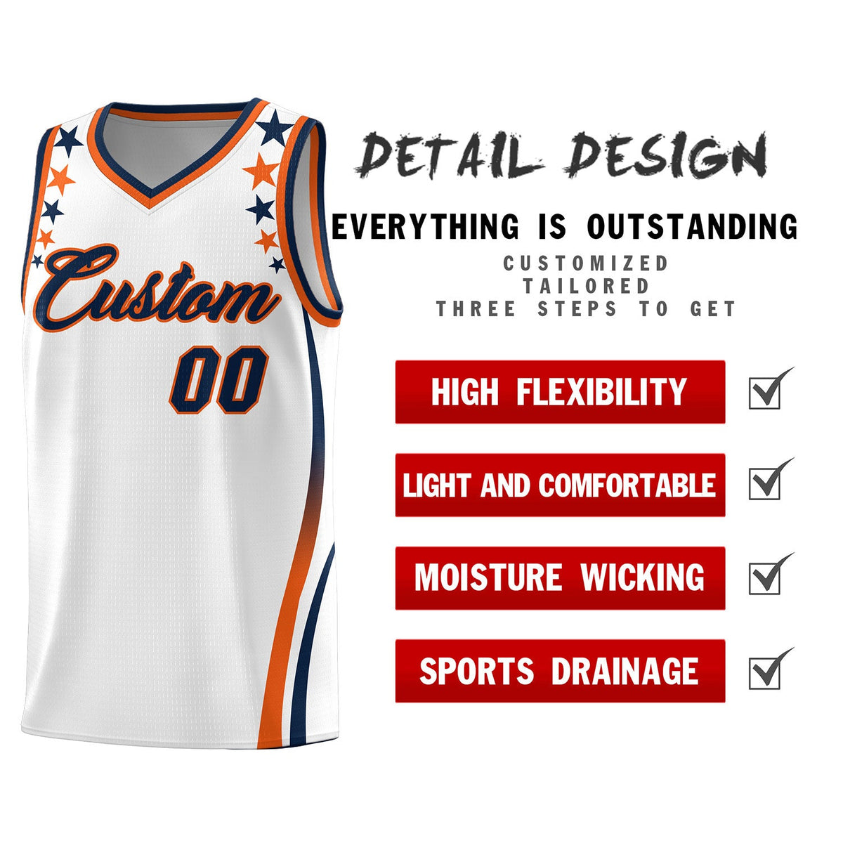 Custom White Shoulders Star Pattern Side Color Block Sports Uniform Basketball Jersey