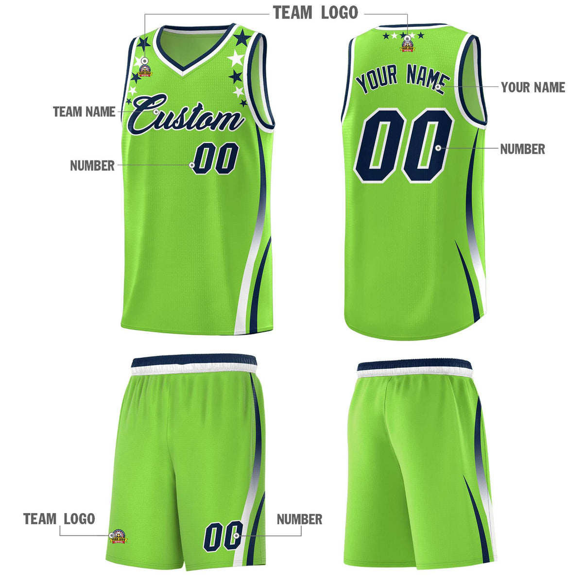 Custom Neon Green Shoulders Star Pattern Side Color Block Sports Uniform Basketball Jersey