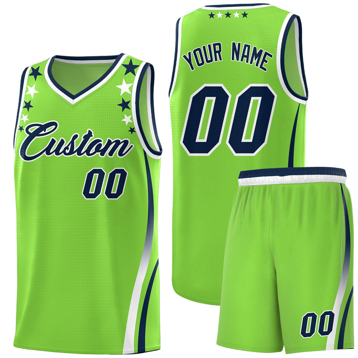 Custom Neon Green Shoulders Star Pattern Side Color Block Sports Uniform Basketball Jersey