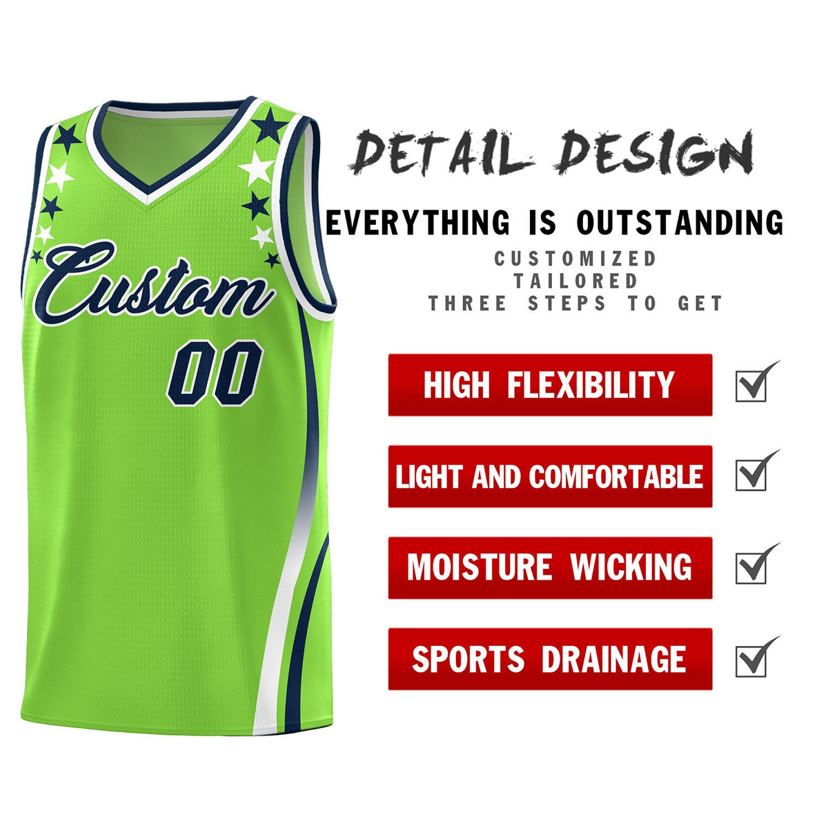 Custom Neon Green Shoulders Star Pattern Side Color Block Sports Uniform Basketball Jersey