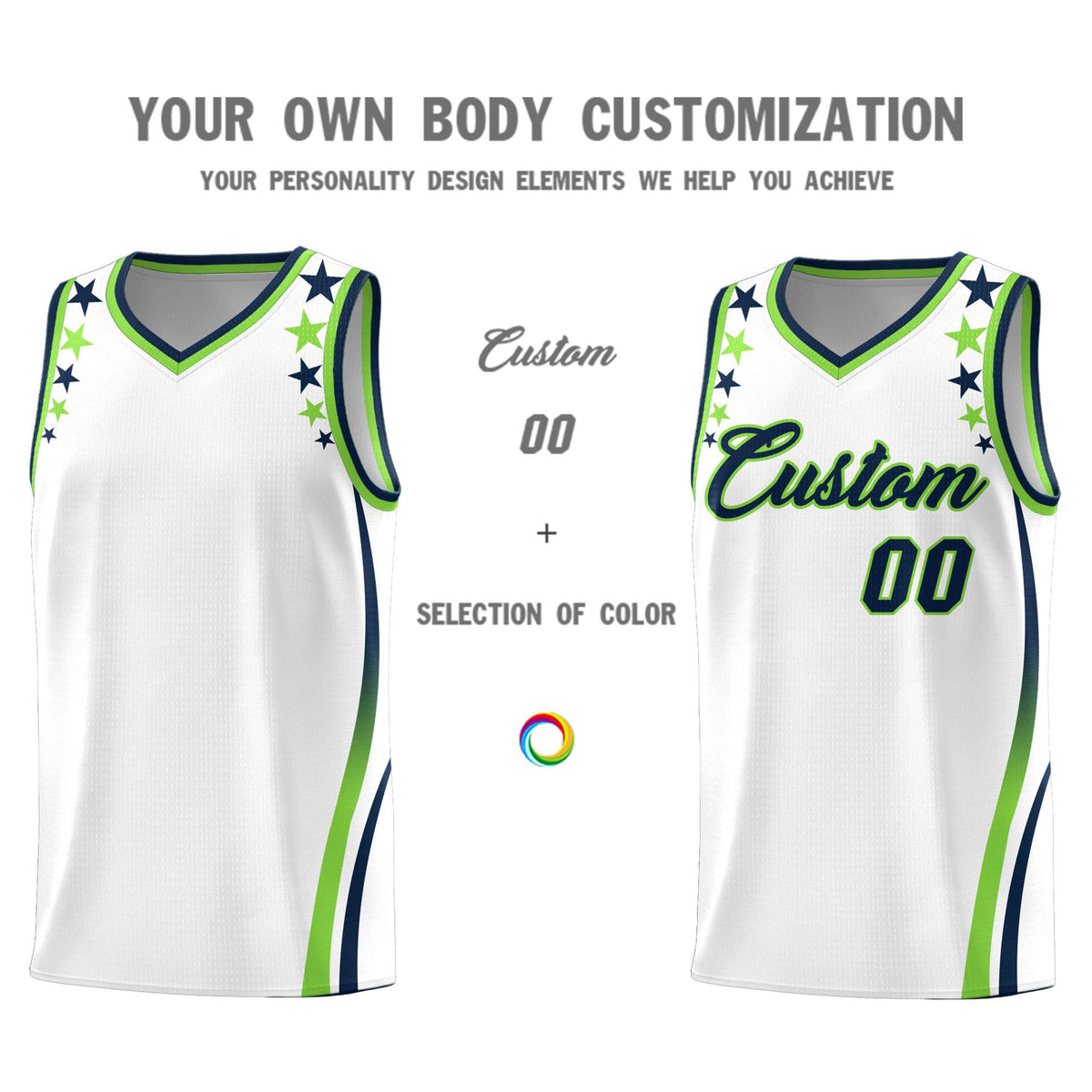 Custom White Shoulders Star Pattern Side Color Block Sports Uniform Basketball Jersey