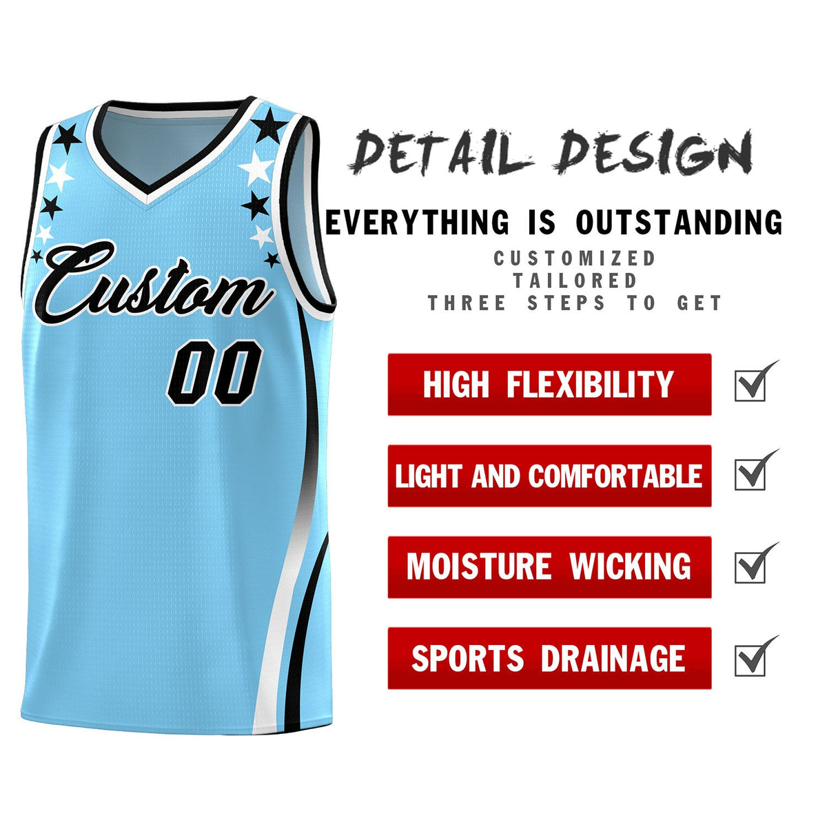 Custom Light Blue Shoulders Star Pattern Side Color Block Sports Uniform Basketball Jersey