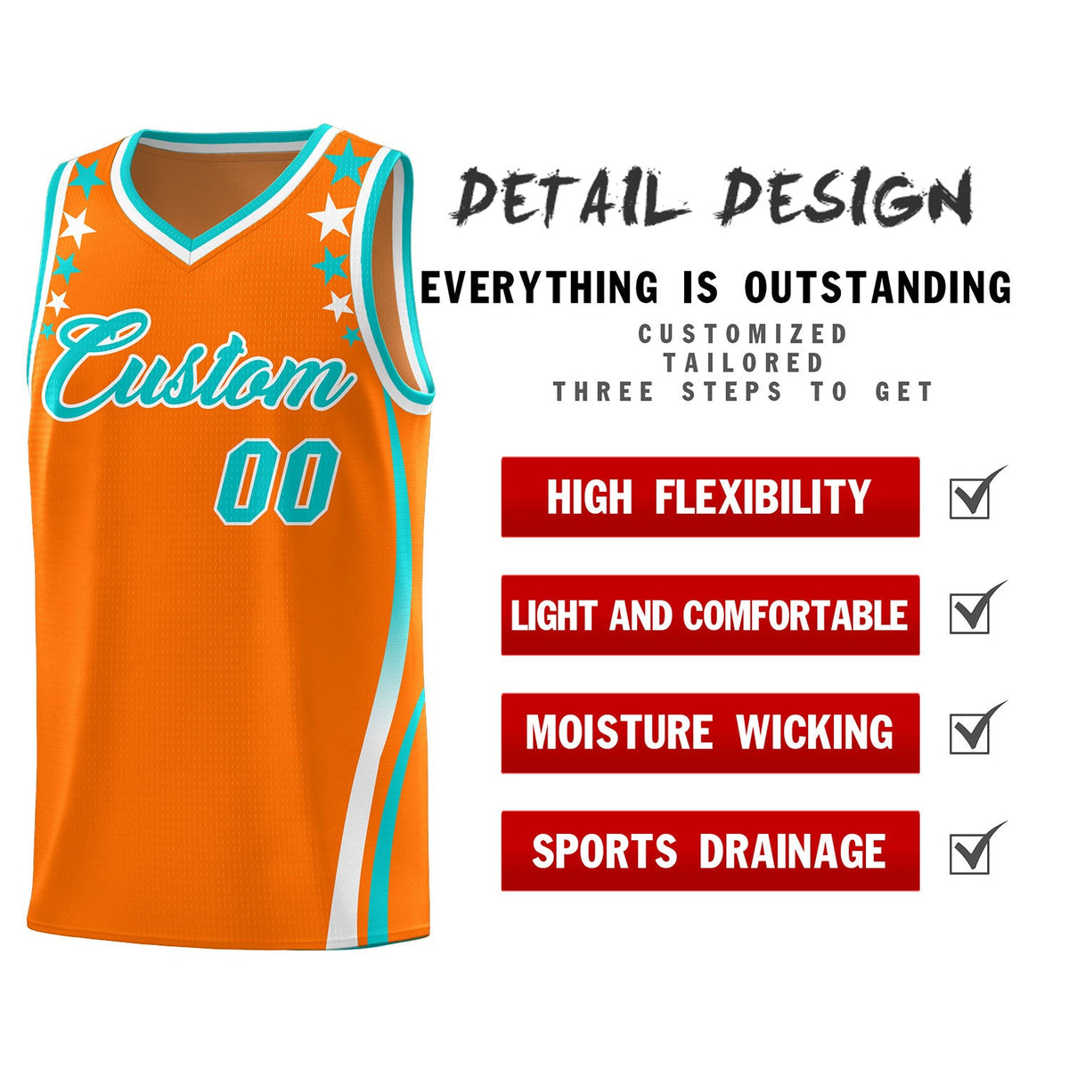 Custom Orange Shoulders Star Pattern Side Color Block Sports Uniform Basketball Jersey