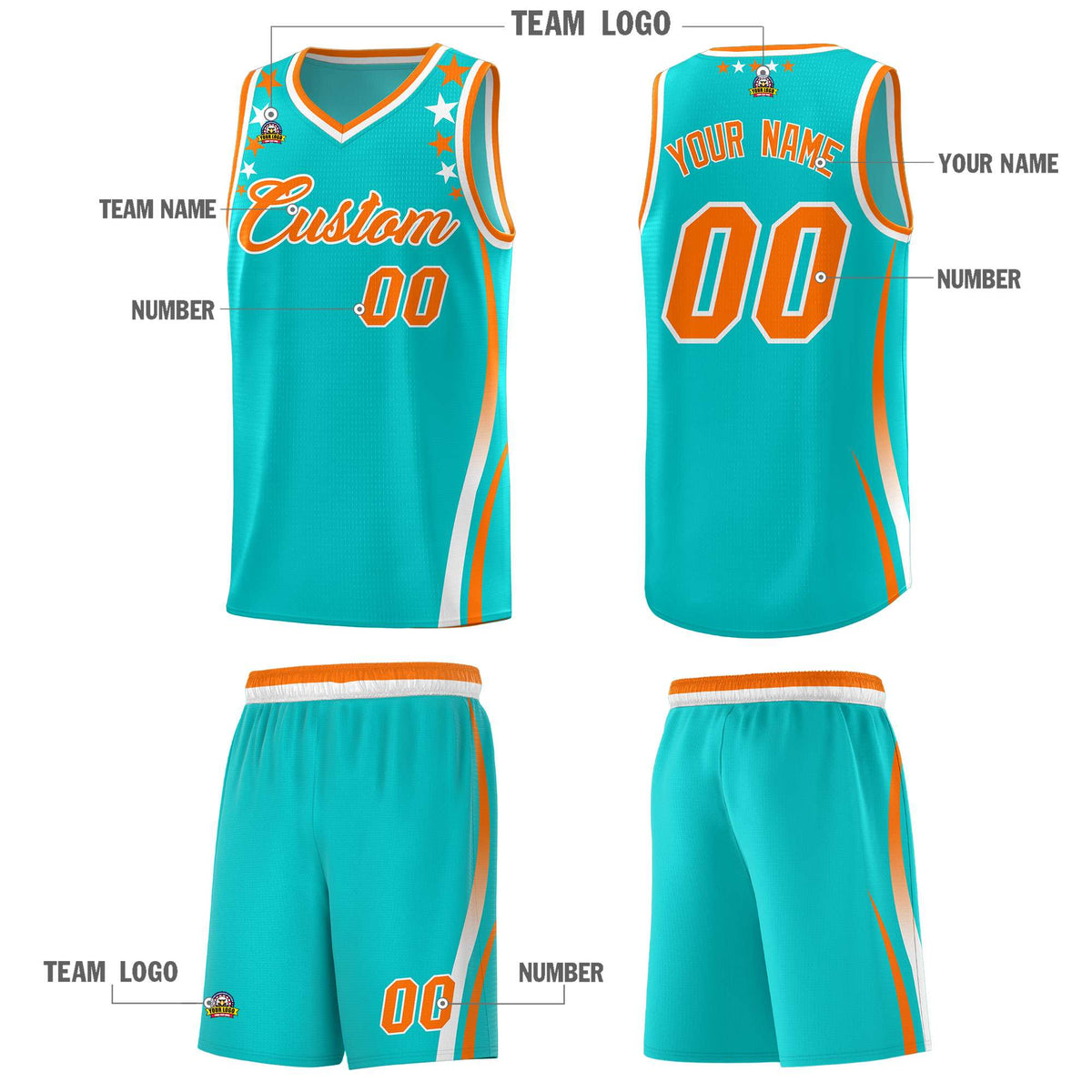 Custom Sky Blue Shoulders Star Pattern Side Color Block Sports Uniform Basketball Jersey