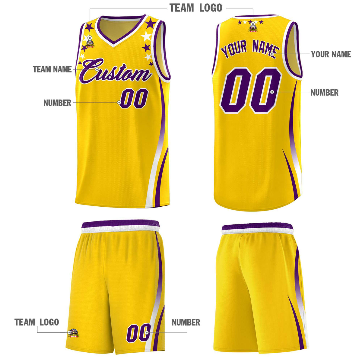 Custom Gold Shoulders Star Pattern Side Color Block Sports Uniform Basketball Jersey