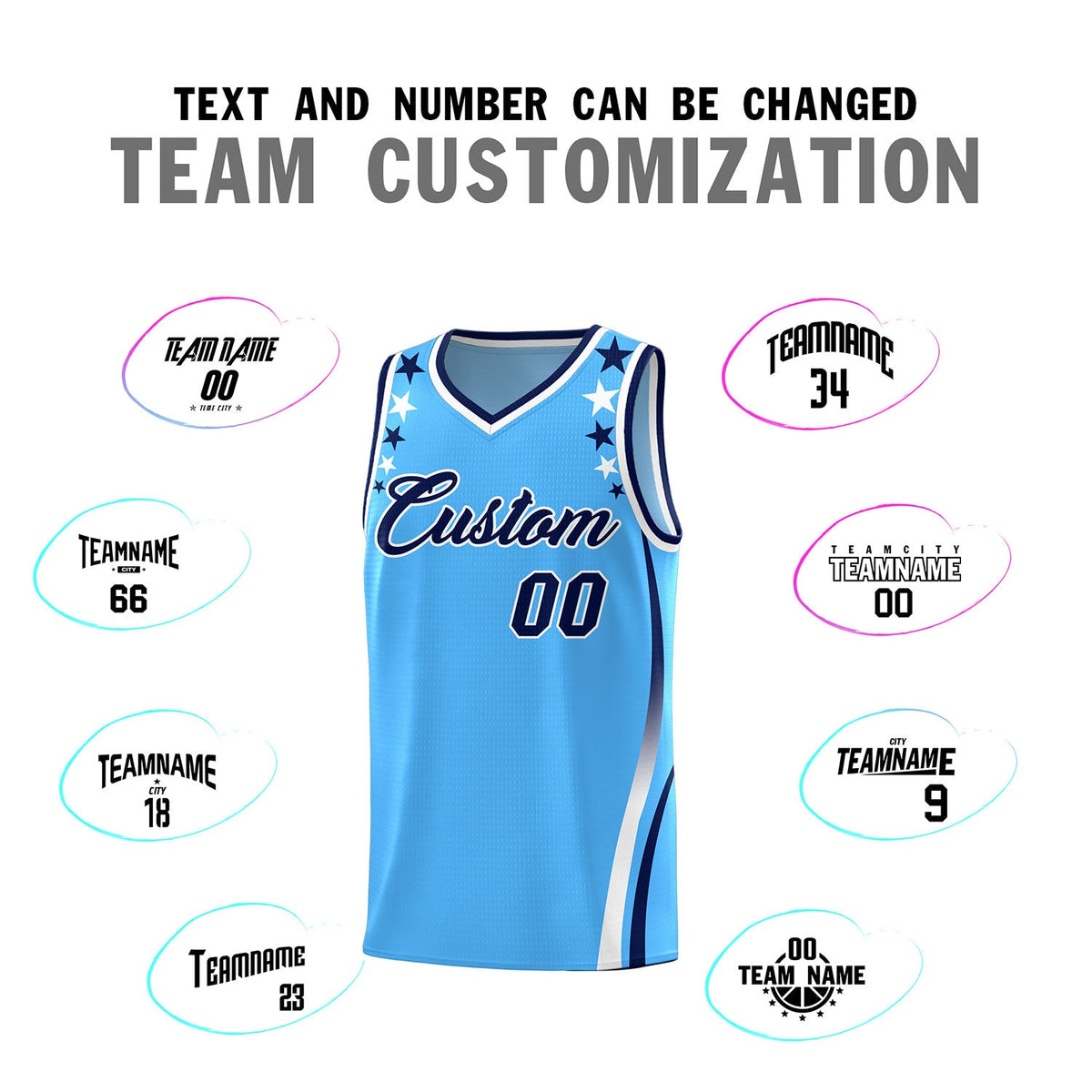 Custom Light Blue Shoulders Star Pattern Side Color Block Sports Uniform Basketball Jersey