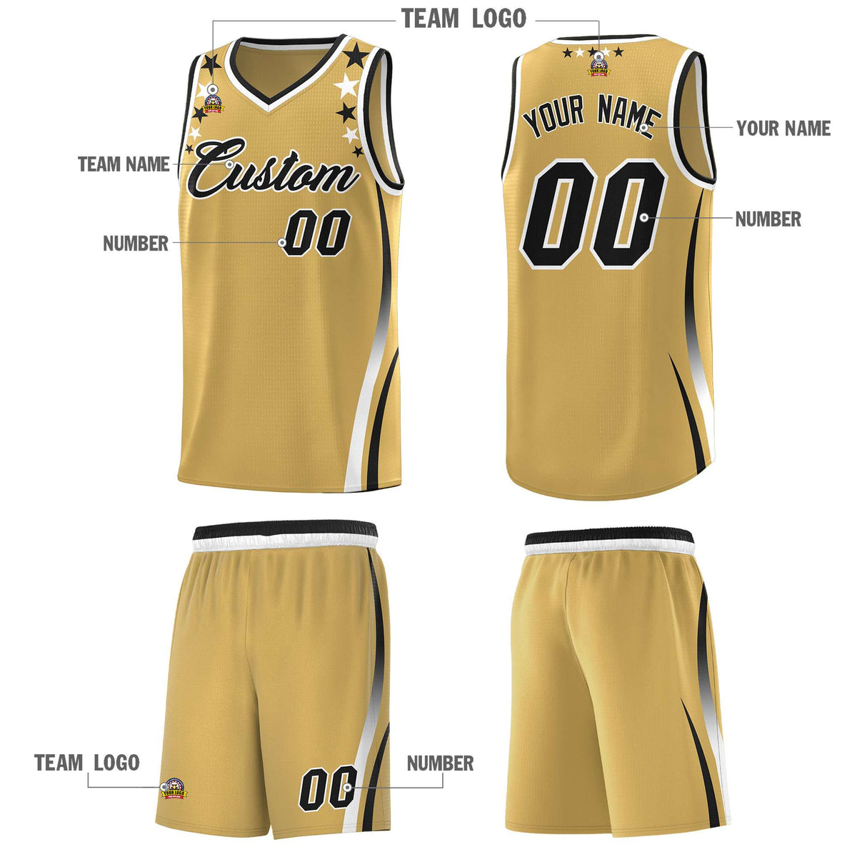 Custom Old Gold Shoulders Star Pattern Side Color Block Sports Uniform Basketball Jersey