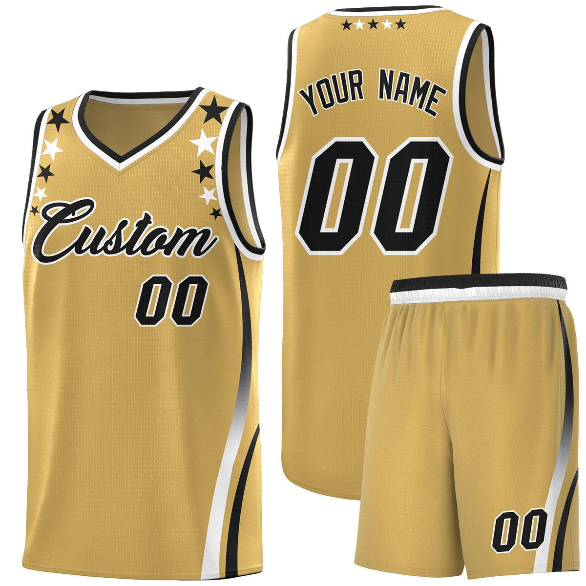 Custom Old Gold Shoulders Star Pattern Side Color Block Sports Uniform Basketball Jersey