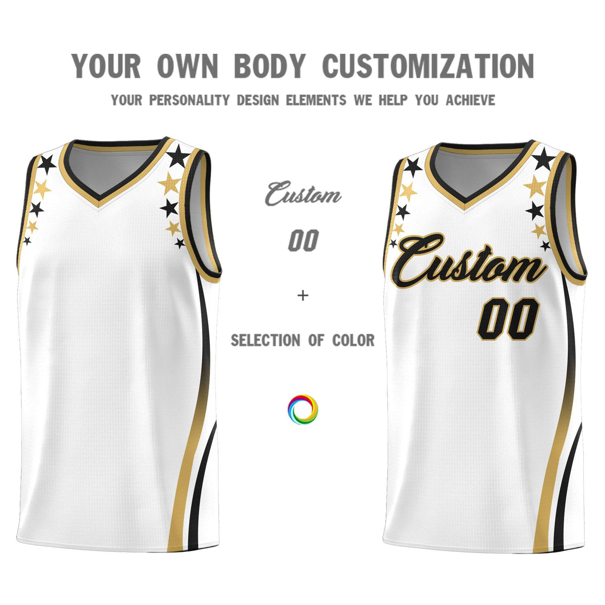 Custom White Shoulders Star Pattern Side Color Block Sports Uniform Basketball Jersey
