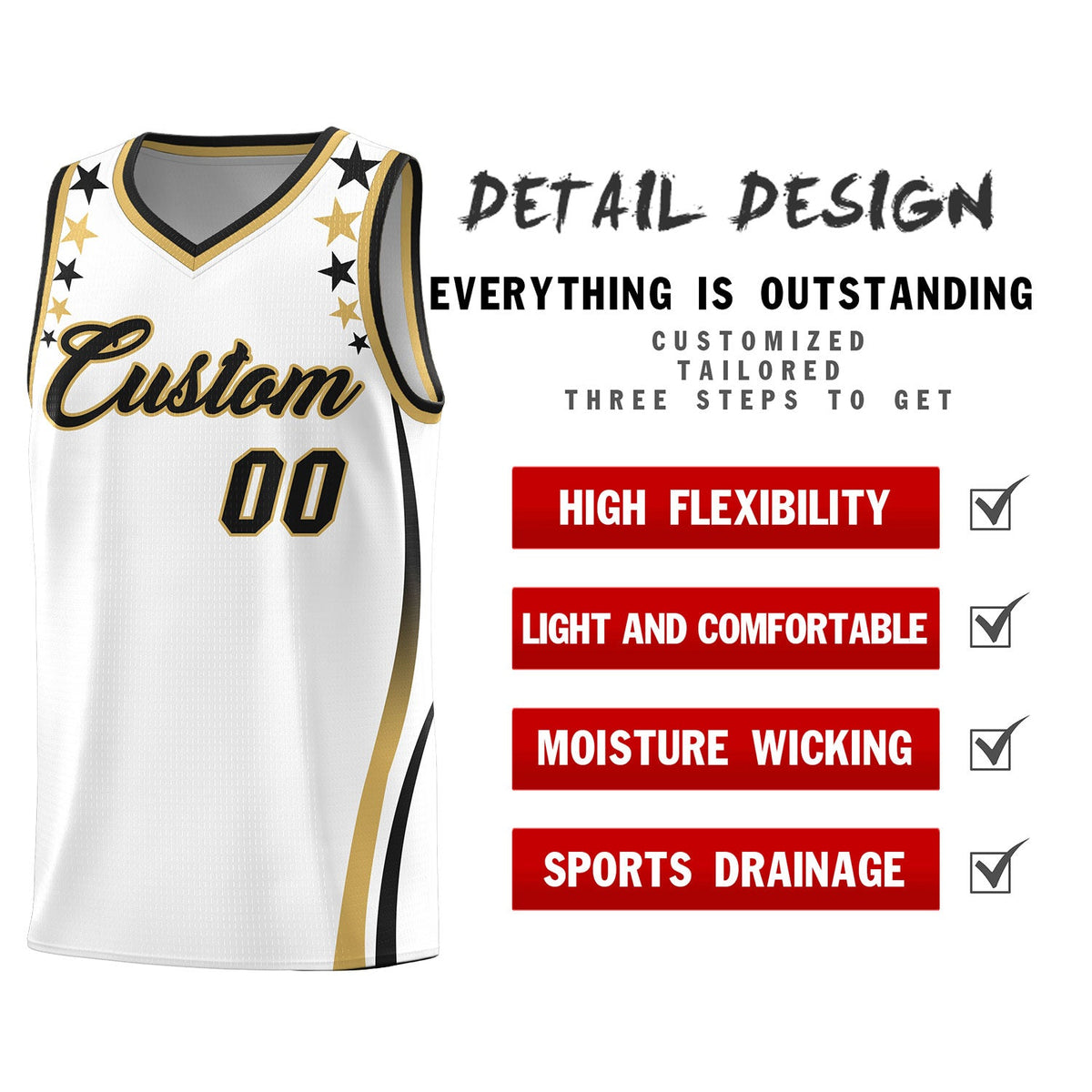 Custom White Shoulders Star Pattern Side Color Block Sports Uniform Basketball Jersey