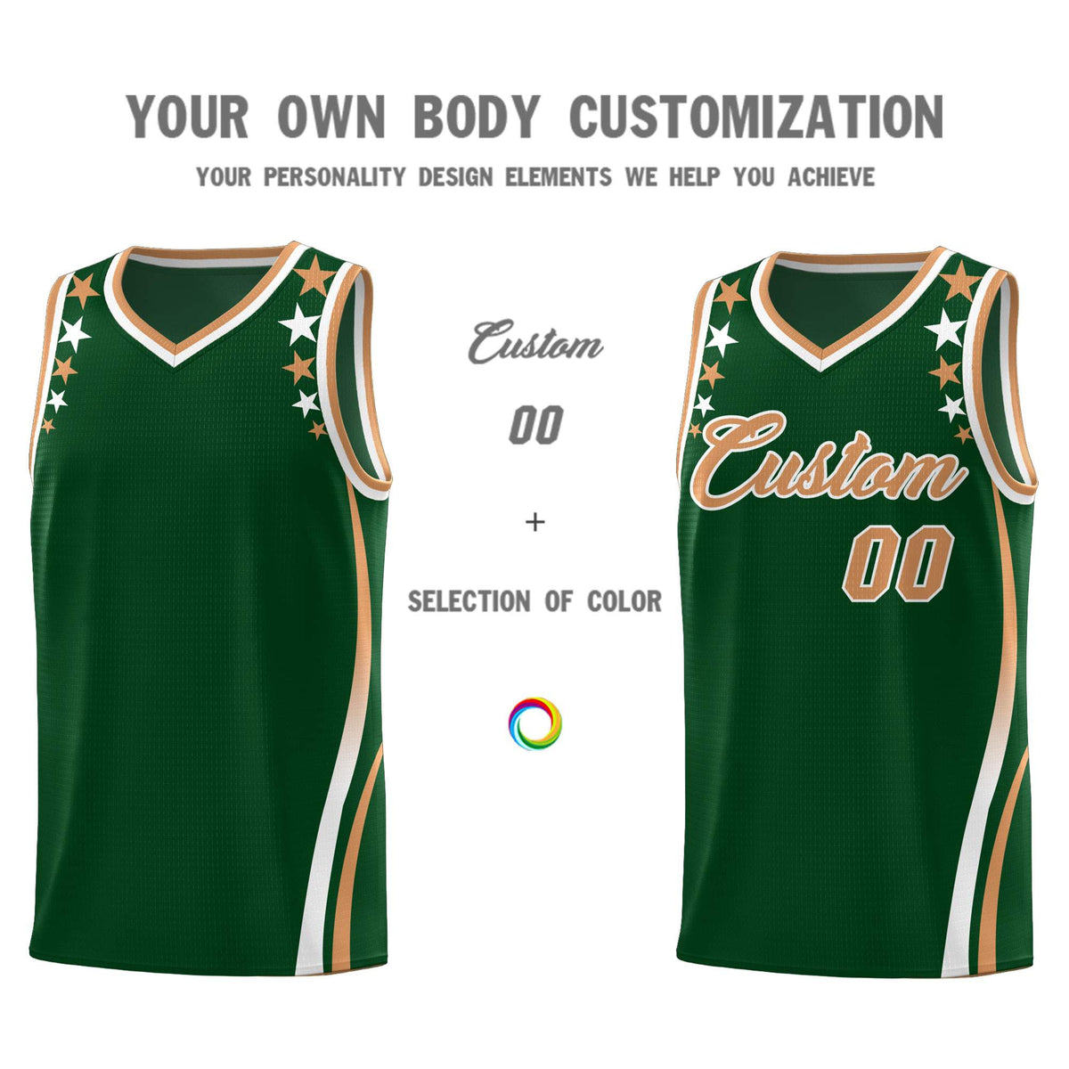 Custom Green Shoulders Star Pattern Side Color Block Sports Uniform Basketball Jersey