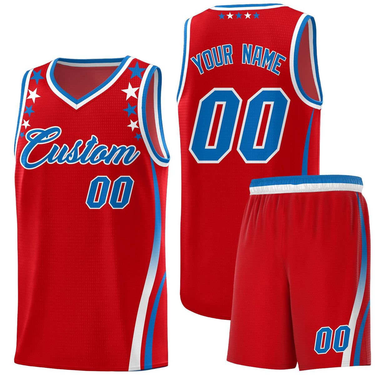 Custom Red Shoulders Star Pattern Side Color Block Sports Uniform Basketball Jersey