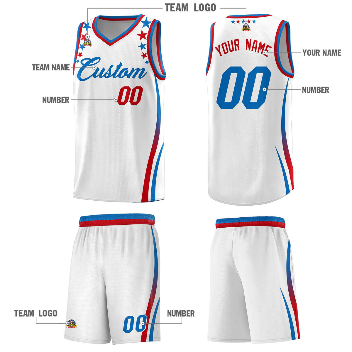 Custom White Shoulders Star Pattern Side Color Block Sports Uniform Basketball Jersey
